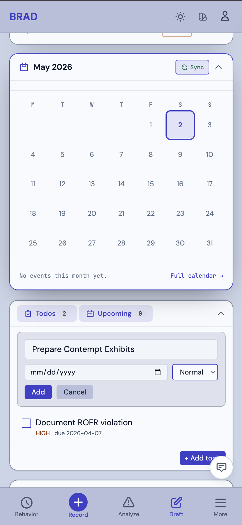 BRAD home dashboard on iPhone — same calendar and todos in mobile layout